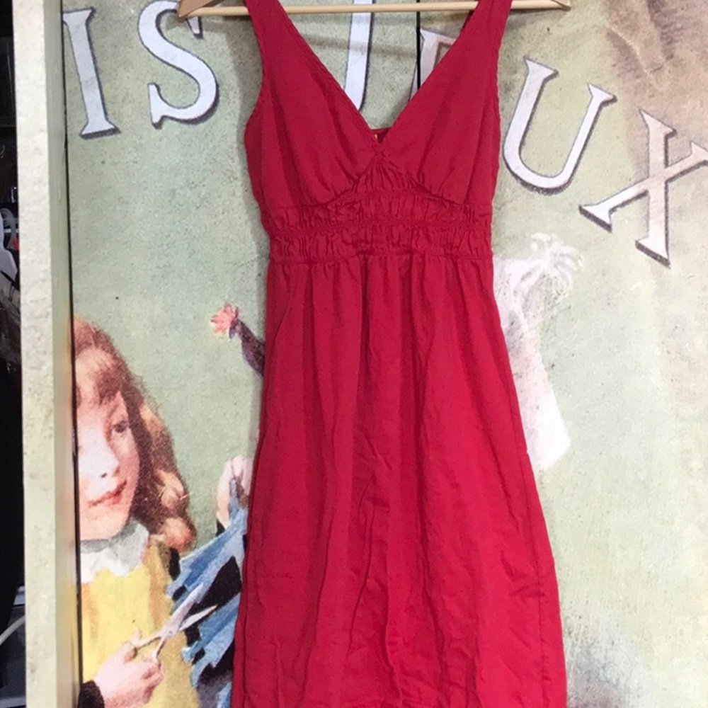 Red dress with plunging neckline